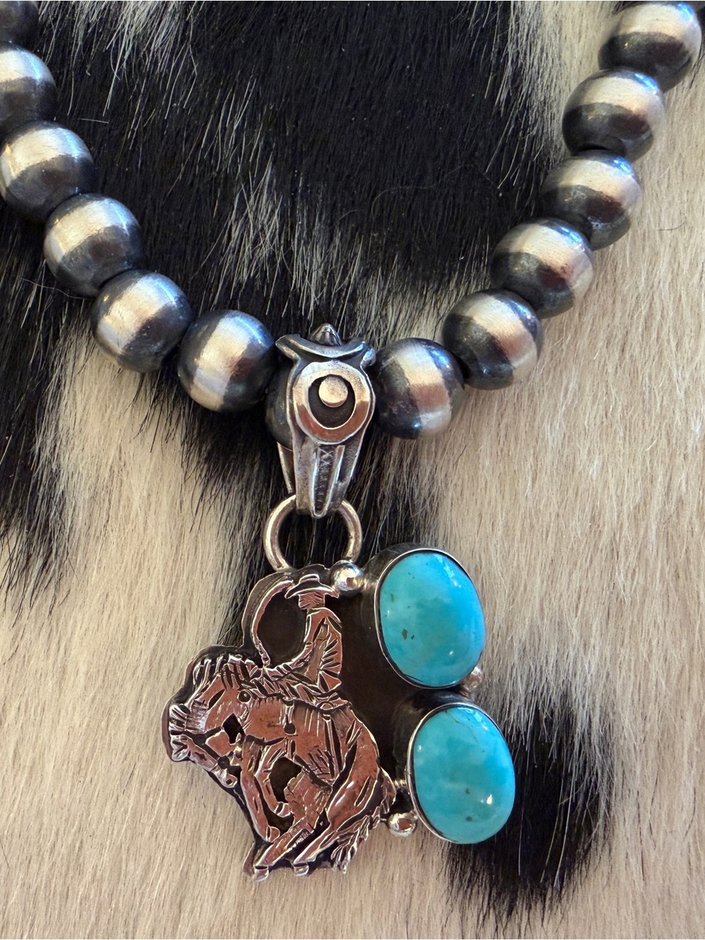 ❤️ Signed “Running Bear” Turquoise Bronc Horse Rider Rodeo Cowboy 925 Pendant